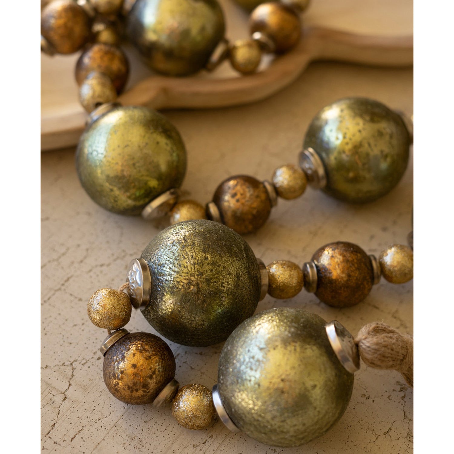 Mixed Gold Glass Christmas Ball Garland with Jute Tassels - Final Sale