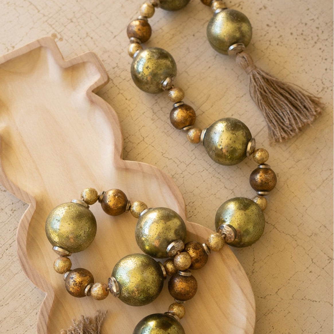 Mixed Gold Glass Christmas Ball Garland with Jute Tassels