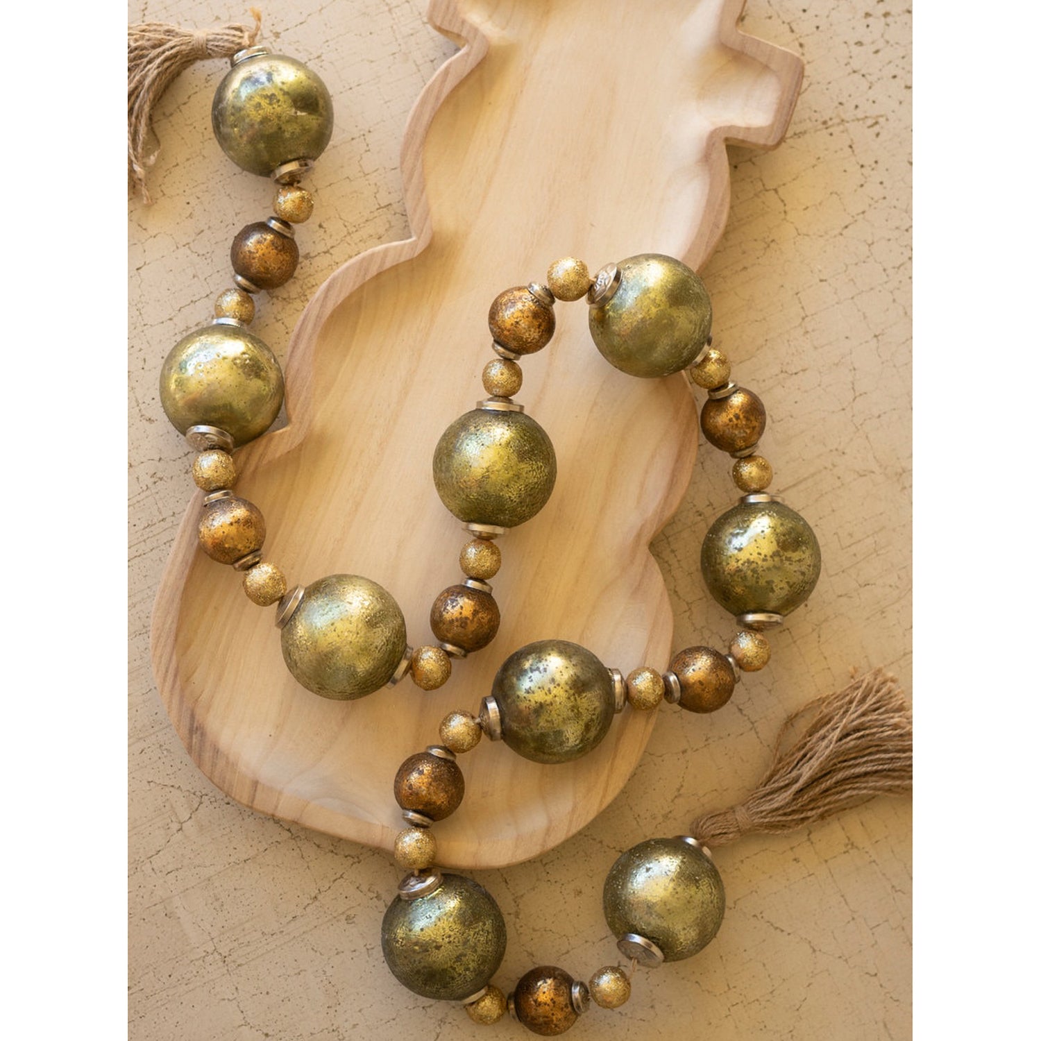 Mixed Gold Glass Christmas Ball Garland with Jute Tassels