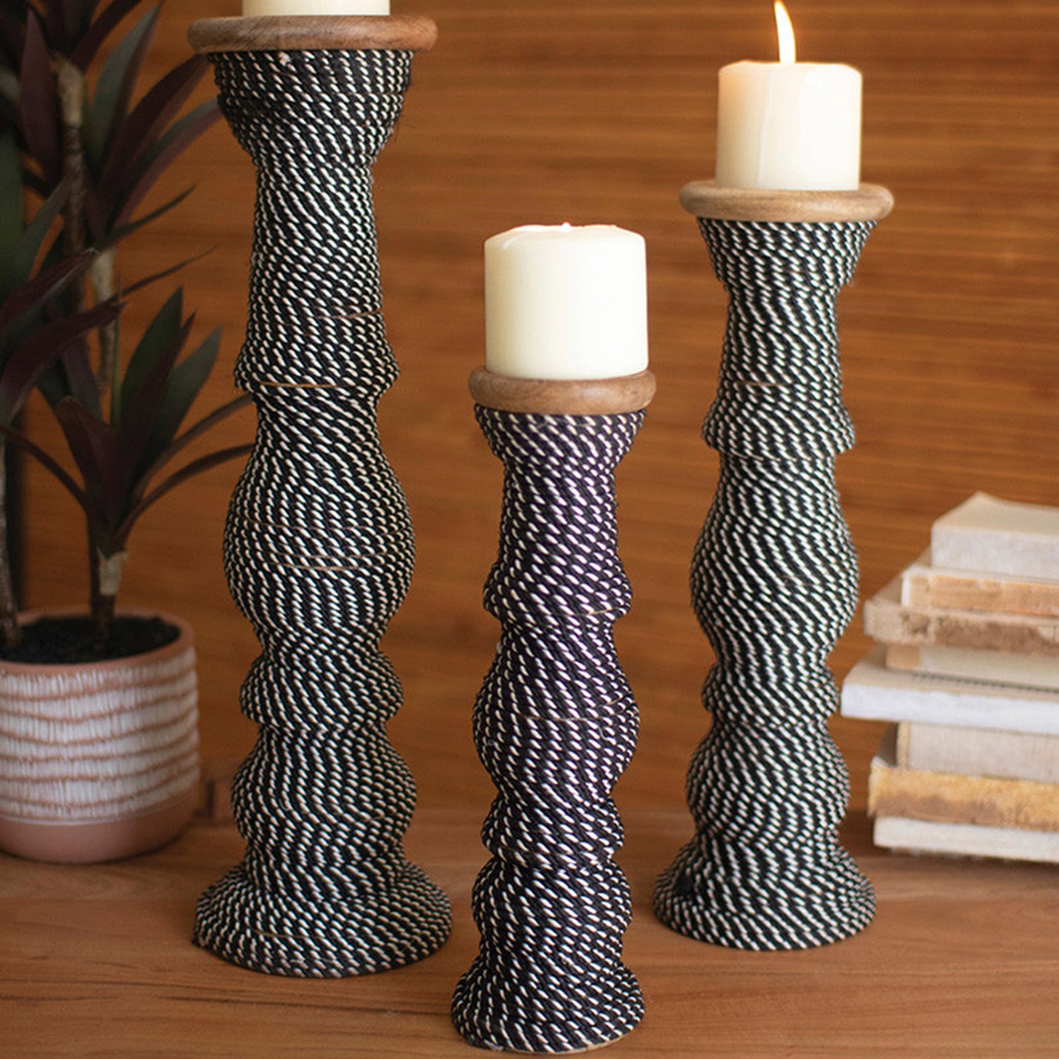 String Wooden Wrapped Candle Holder Set of 3