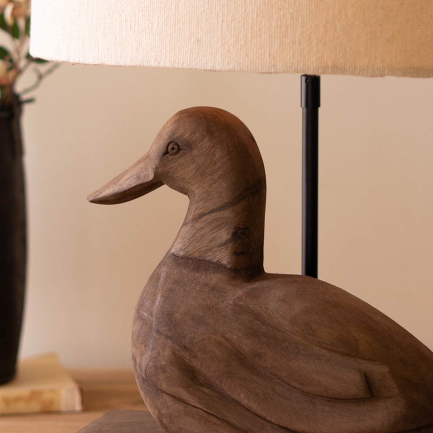 Carved Mango Wood Duck Table Lamp Base and Shade