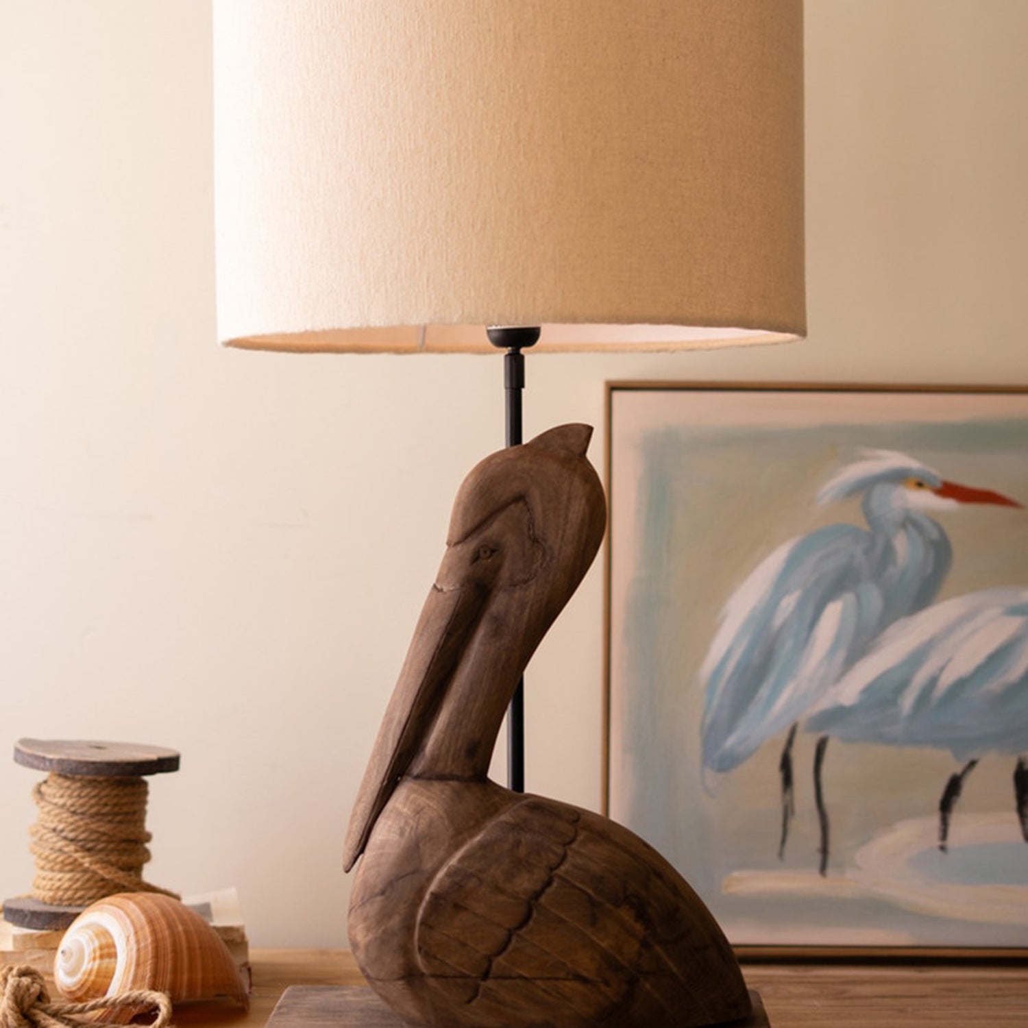 Carved Mango Wood Pelican Table Lamp Base with Shade