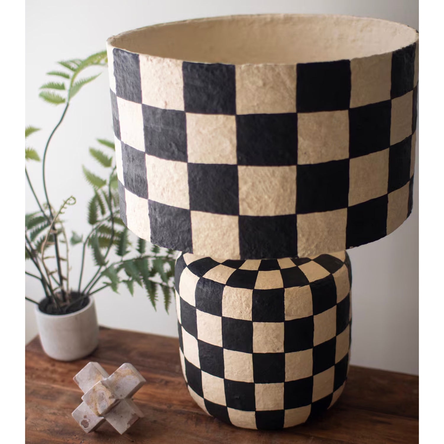 Black and White Checkered Paper Mache Table Lamp