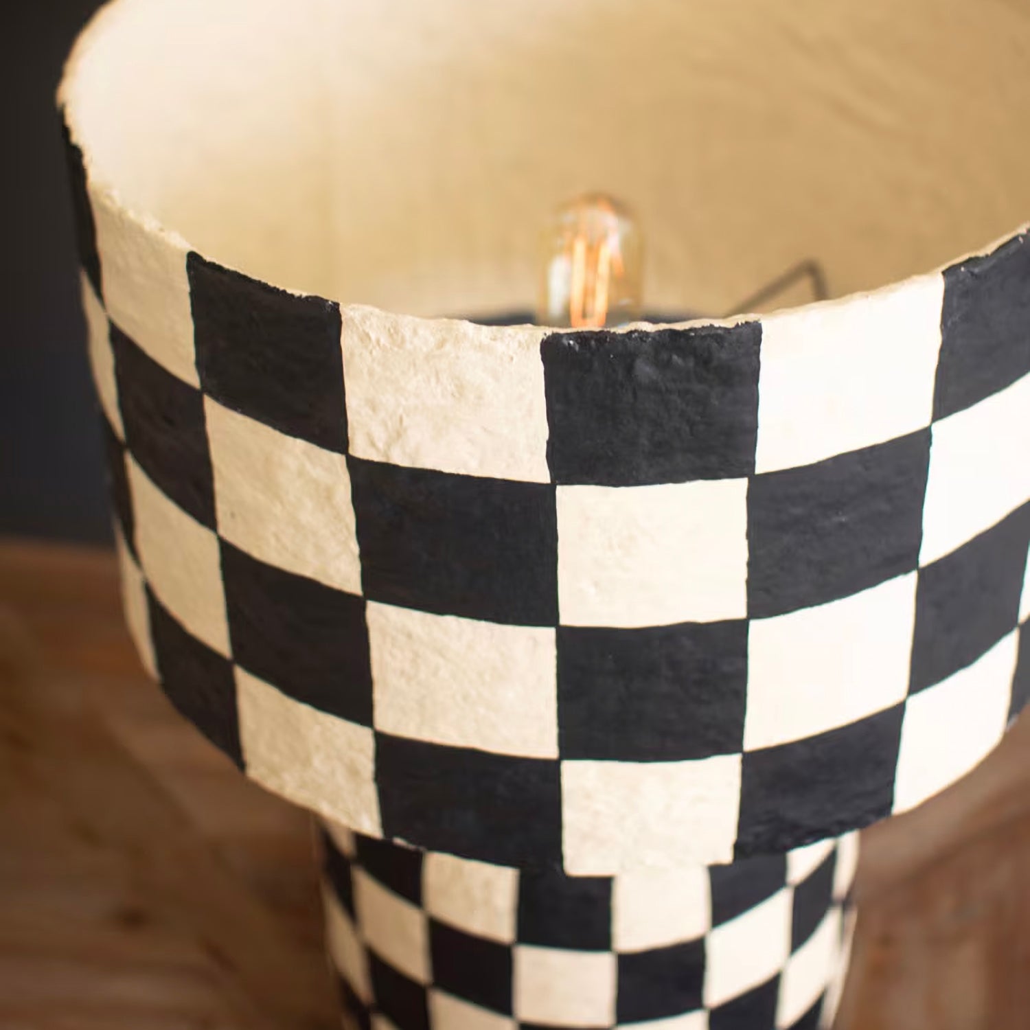 Black and White Checkered Paper Mache Table Lamp