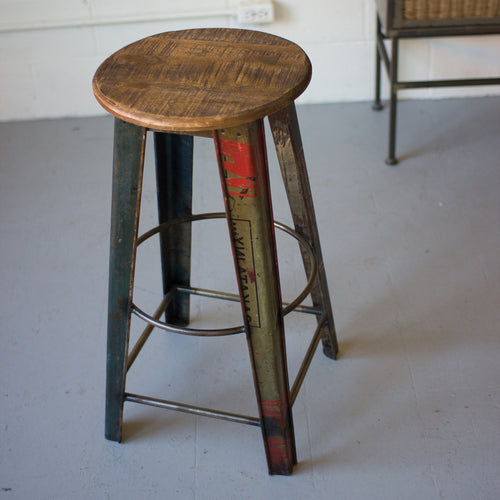Recycled Metal Bar Stool With Wooden Top