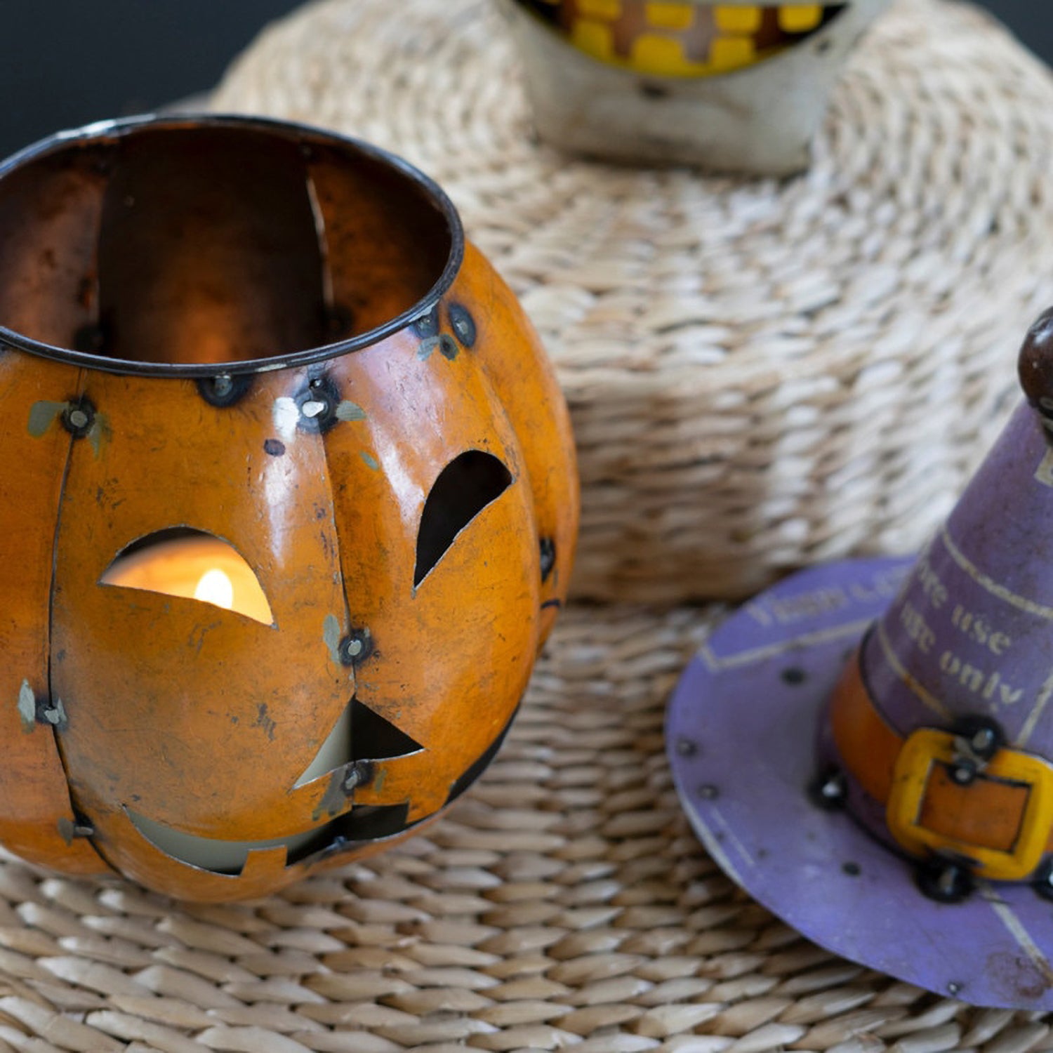 Recycled Iron Halloween Pumpkin and Skull Lantern Set of 2