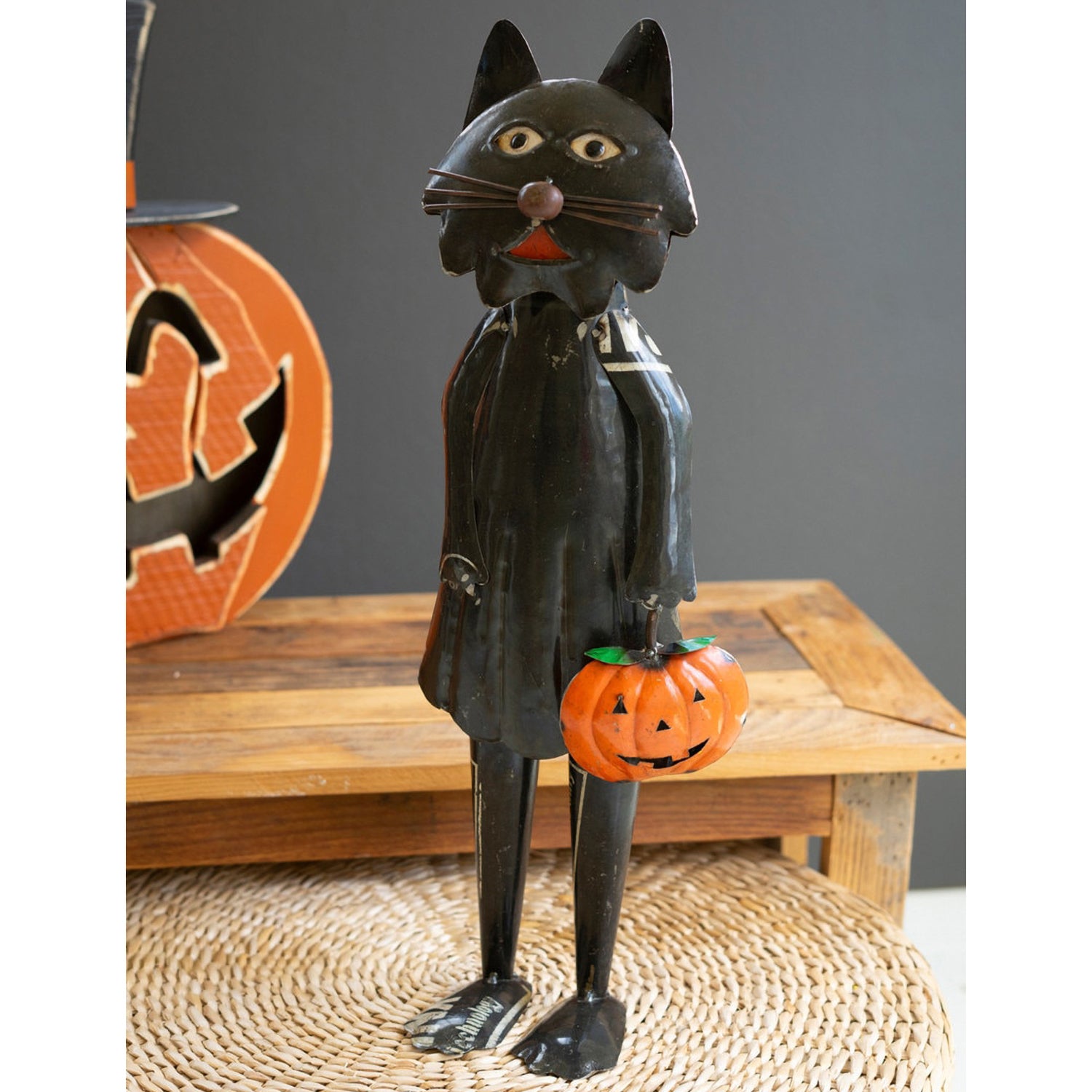 Recycled Iron Standing Black Halloween Cat Holding Pumpkin