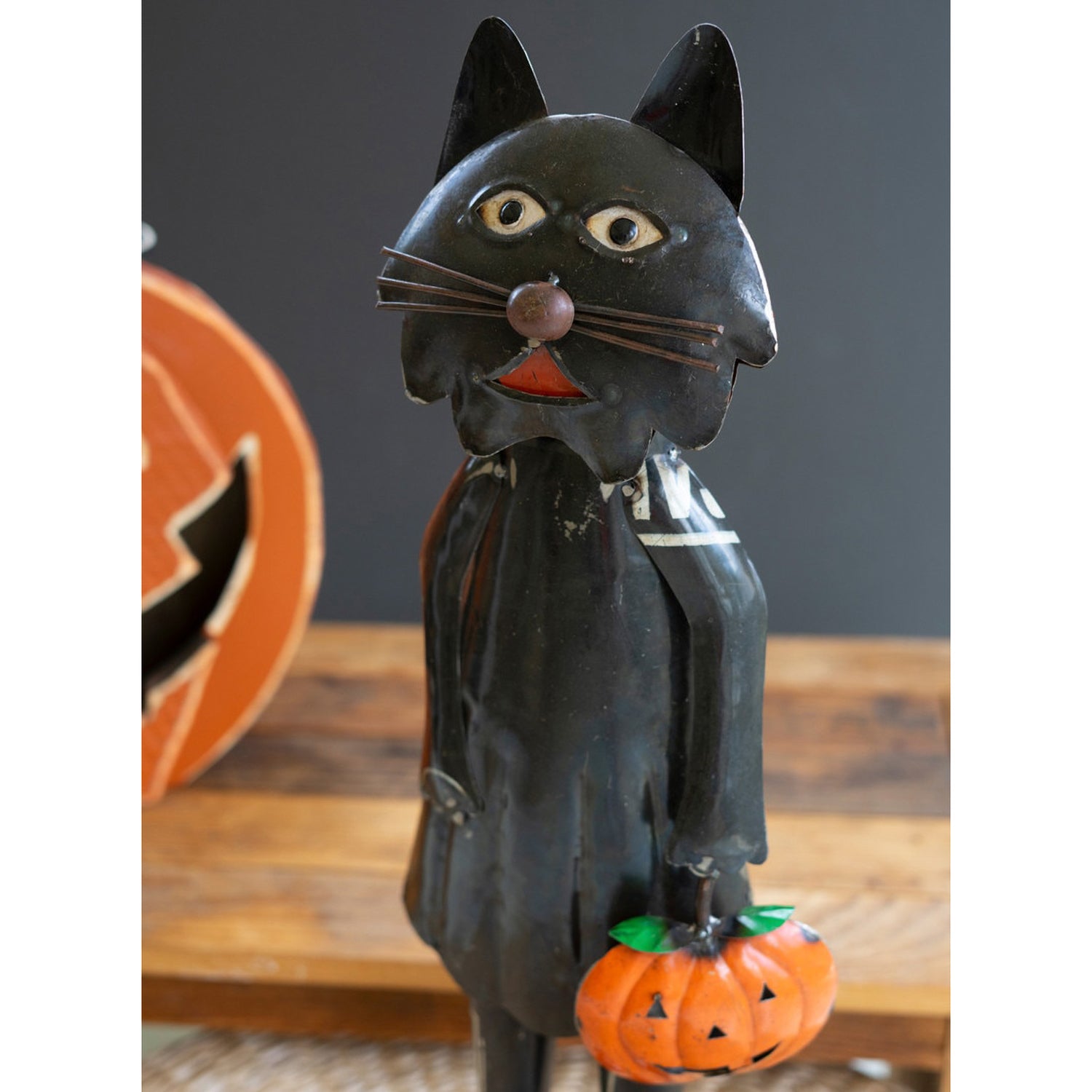Recycled Iron Standing Black Halloween Cat Holding Pumpkin