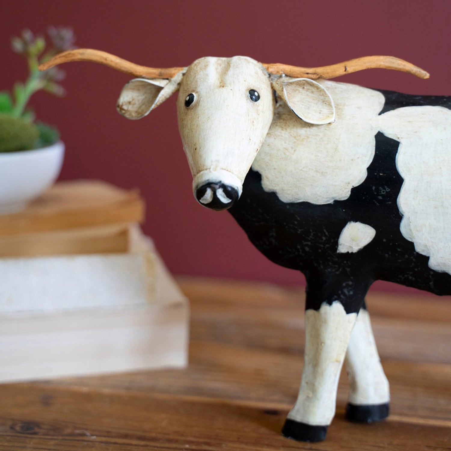 Painted Metal Black and White Steer
