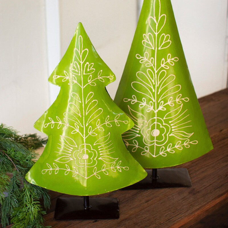Folk Christmas Tree Sculpture Set of 2