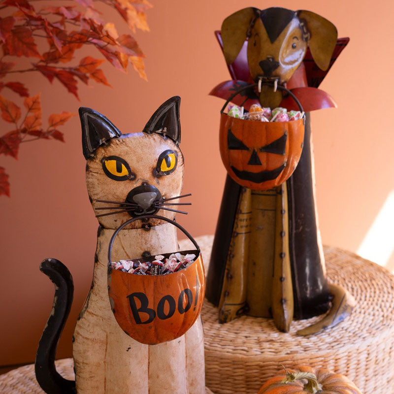 Recycled Metal Halloween Cat and Dog Set of 2