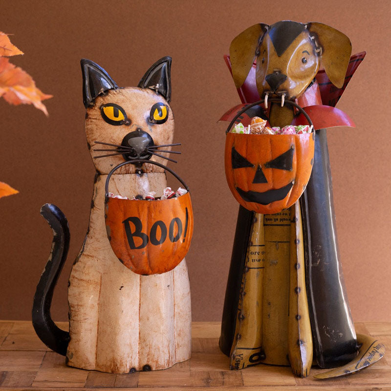 Recycled Metal Halloween Cat and Dog Set of 2