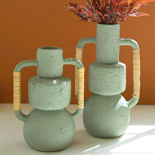 Cane Wrapped Mint Handle Vase Set of 2