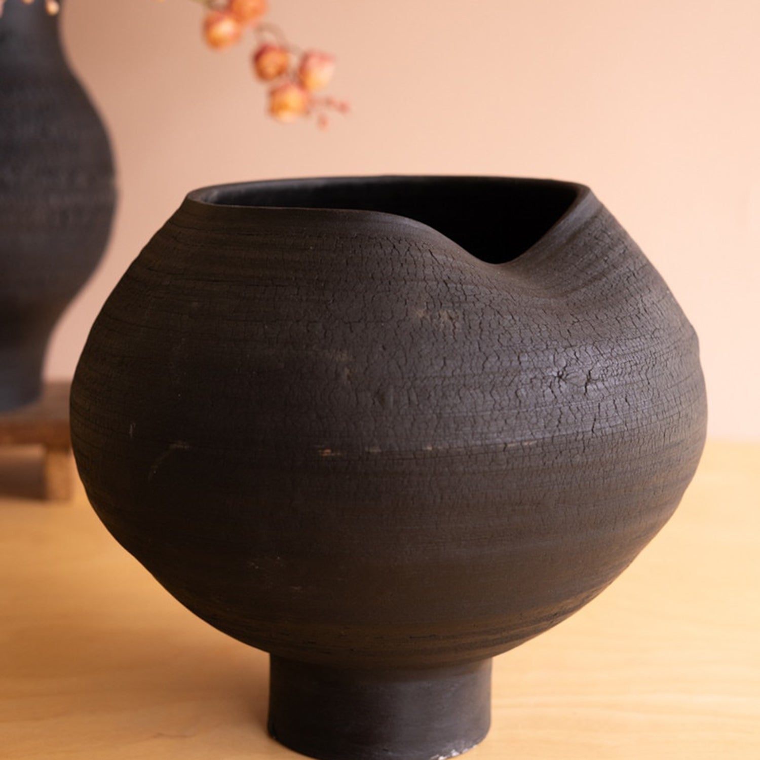 Black Clay Vases with Crackle Set of 2