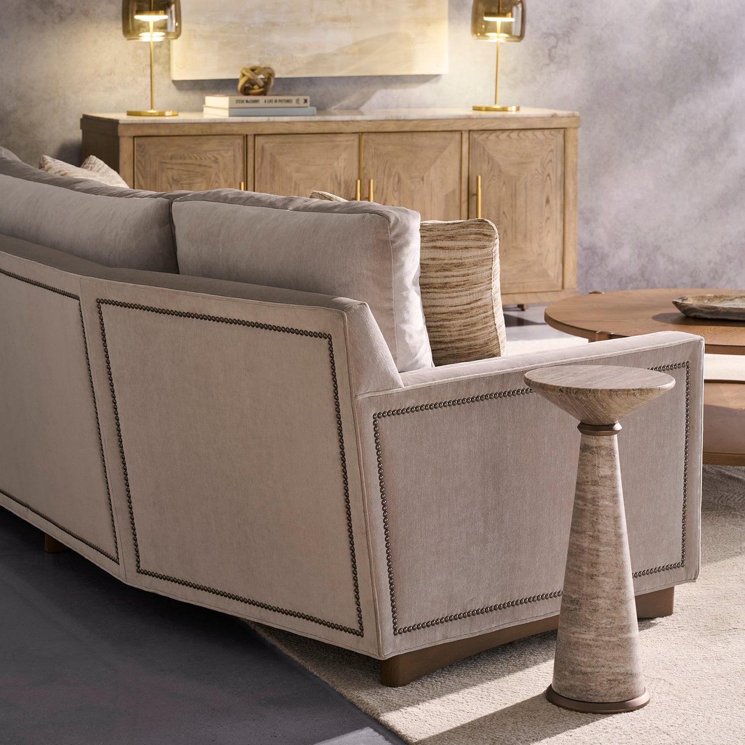 Enzo Platinum Sofa with pillows finish detail