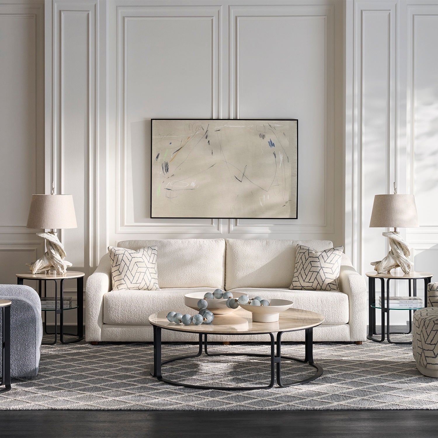 Hollis White 97in Grande Sofa with pillows styling detail