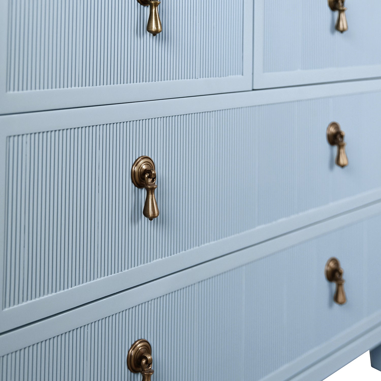 Worlds Away Pascal chest, close-up of matte light blue lacquer finish