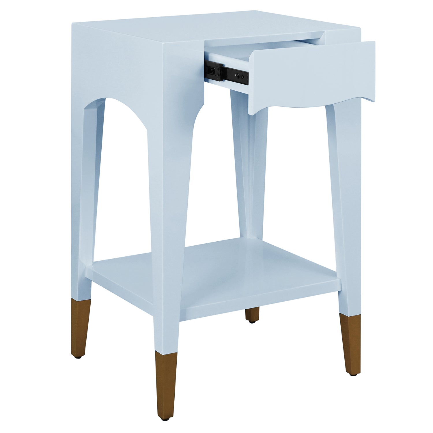 Worlds Away Patti side table, close-up of glossy light blue lacquer drawer