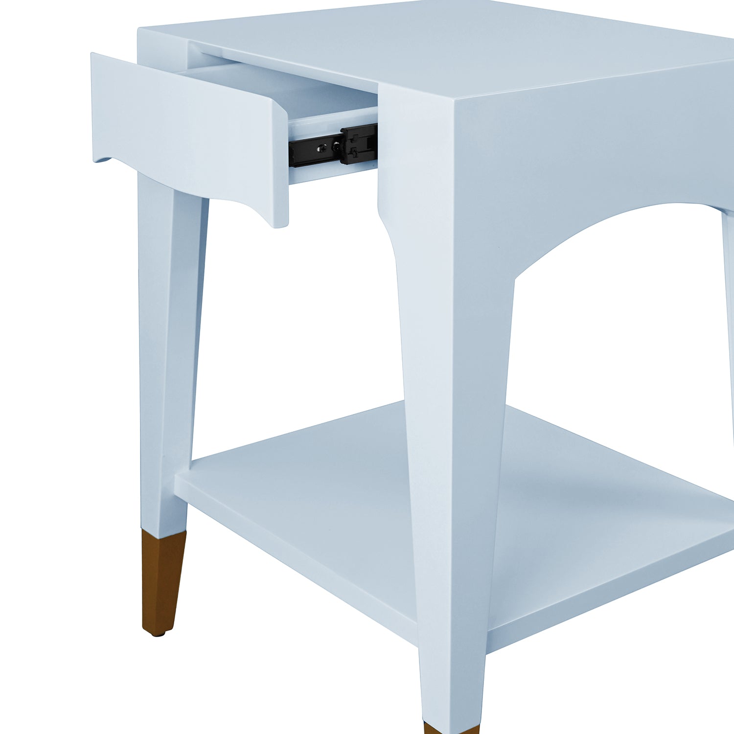 Worlds Away Patti one drawer side table styled beside a bed to show scale