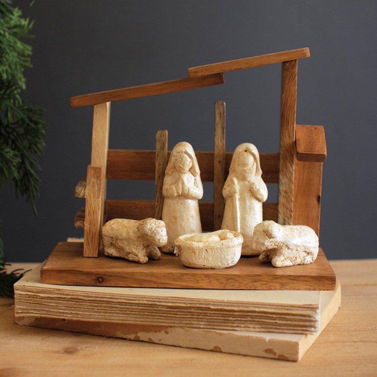 Wooden Nativity with Paper Mache Figures