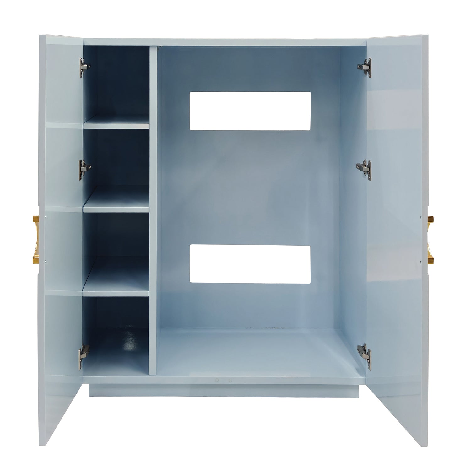 Worlds Away Poppy light blue cabinet, detail of brass circle door hardware
