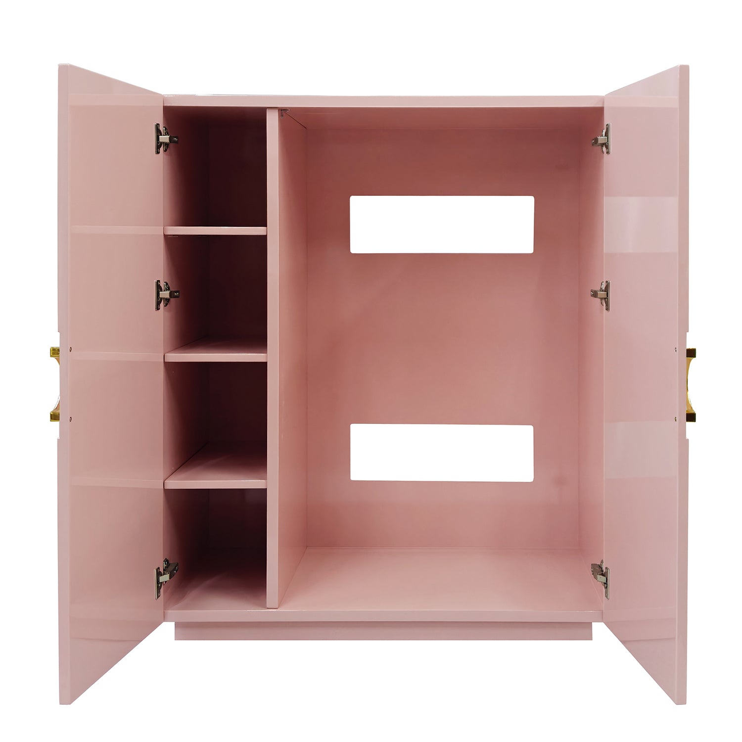 Worlds Away Poppy pink cabinet, detail of brass circle door hardware