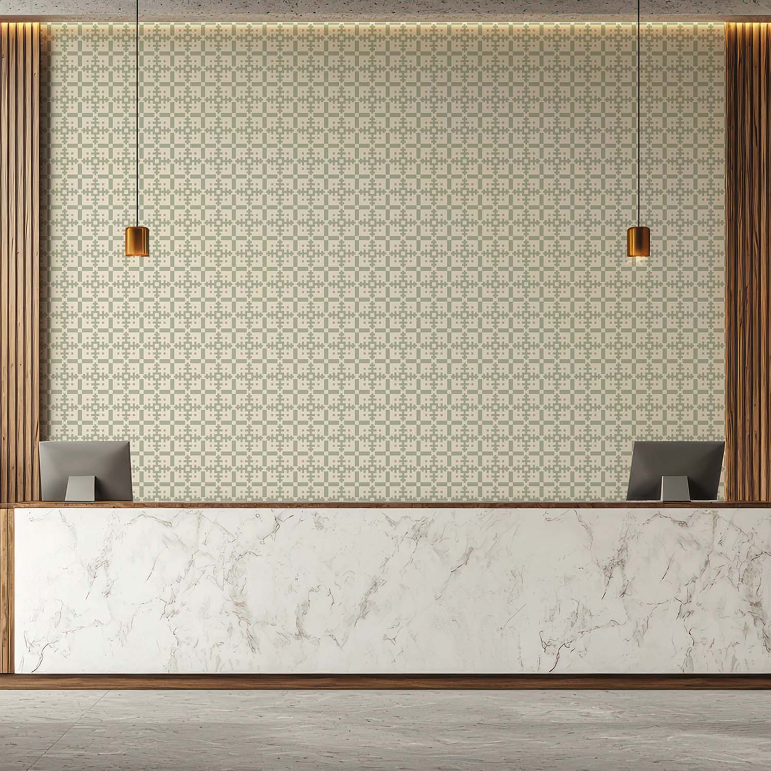 Piazza geometric wallpaper in Oxford Blue, accent wall