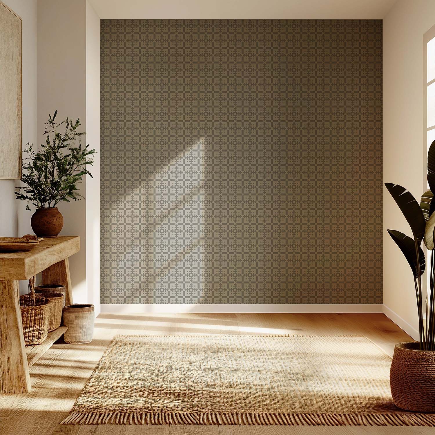 Piazza geometric wallpaper in Walnut, styled shelf vignette