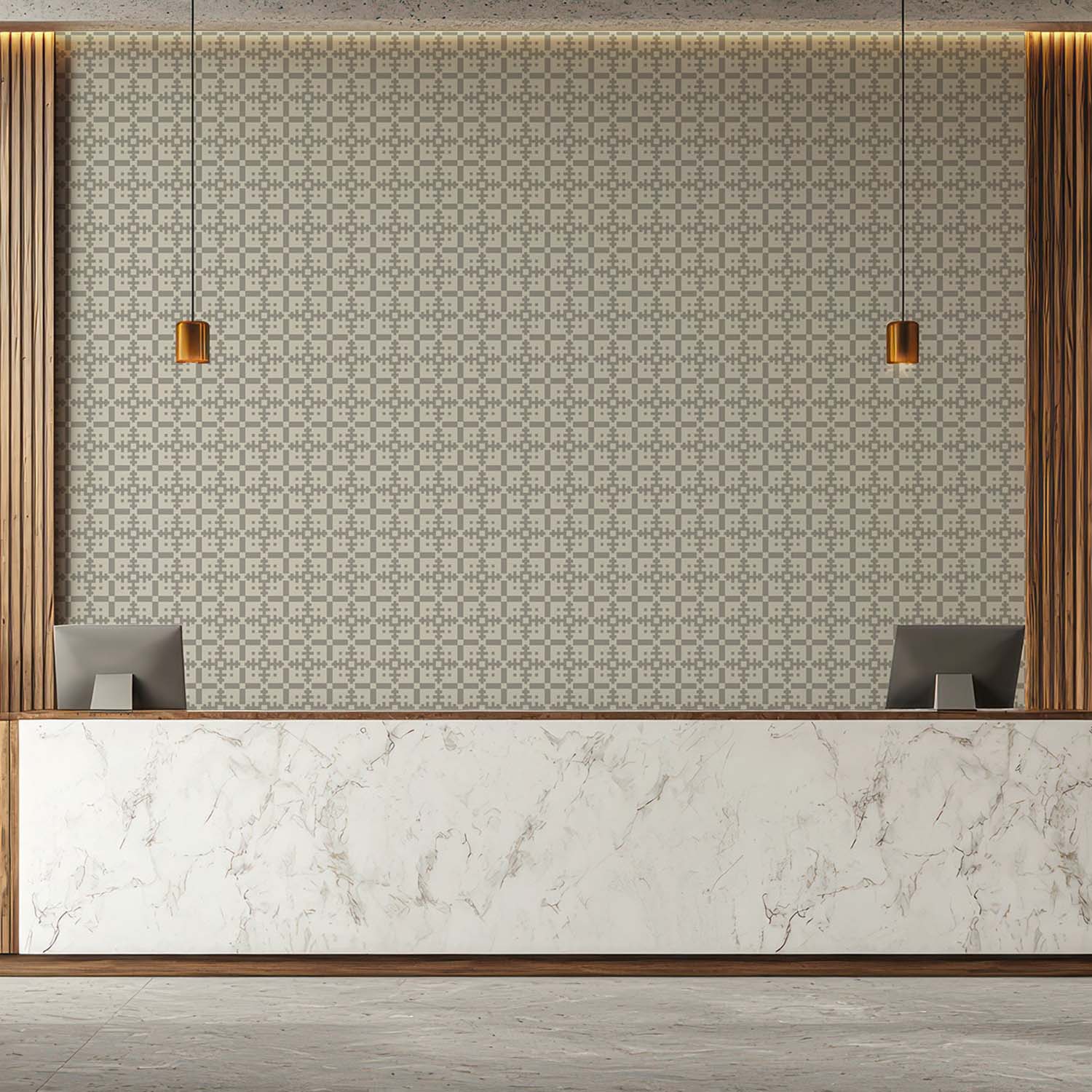 Piazza geometric wallpaper in Oxford Blue, full drop view