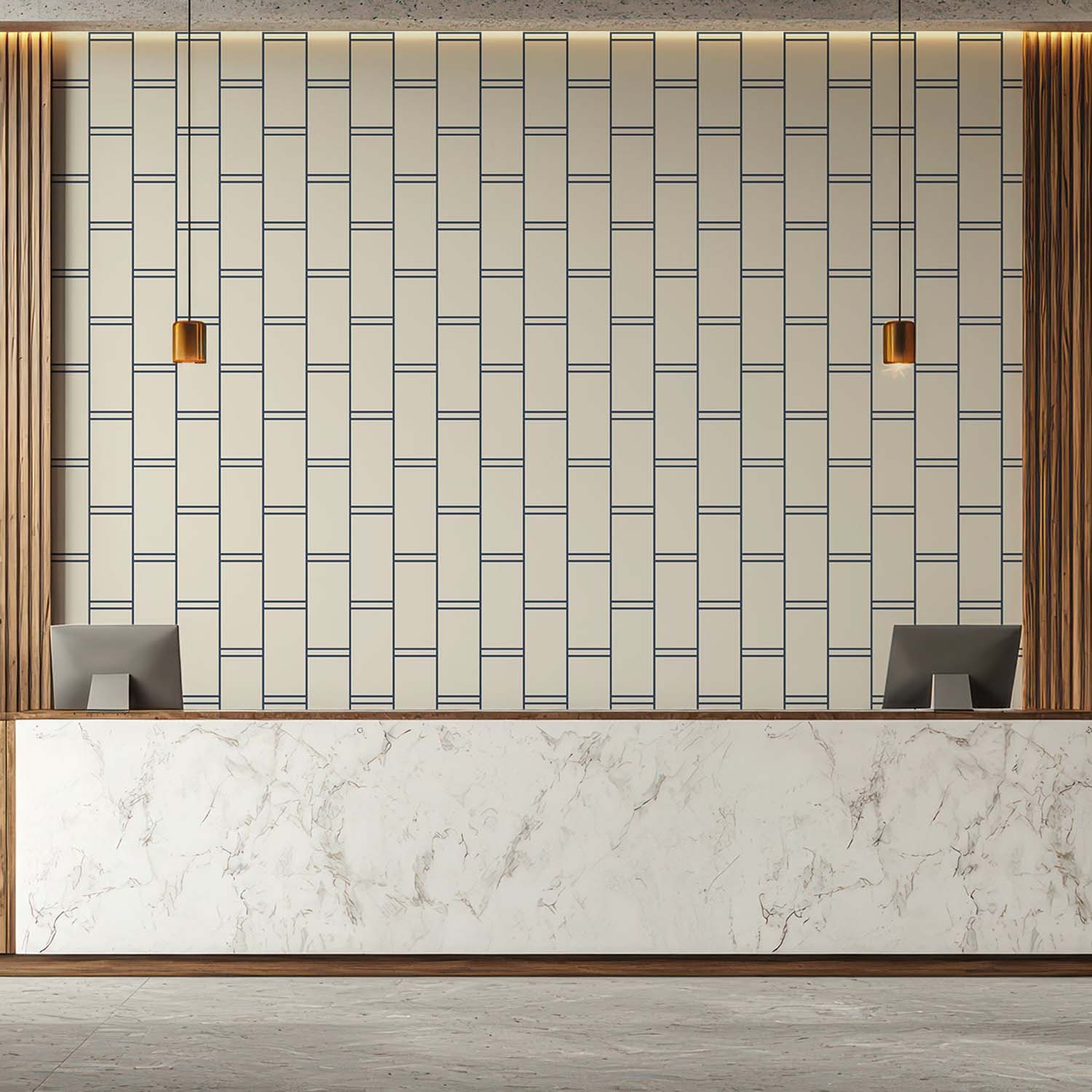 Pillar Stripe striped wallpaper in Shell Tint, styled room setting