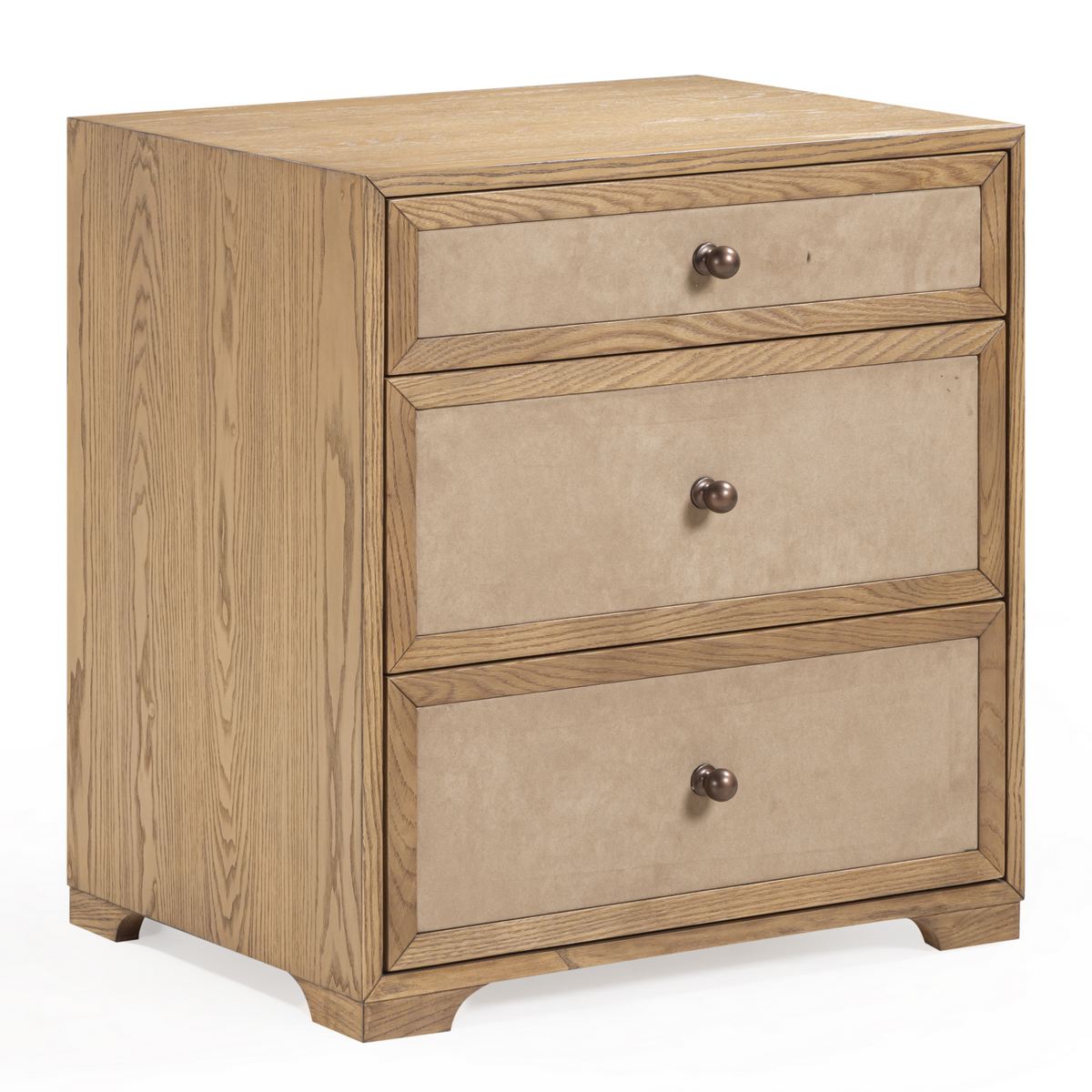 TOV Furniture Laurentis Light Taupe Suede and Wood 3-Drawer Nightstand in natural ash with taupe suede, primary product view