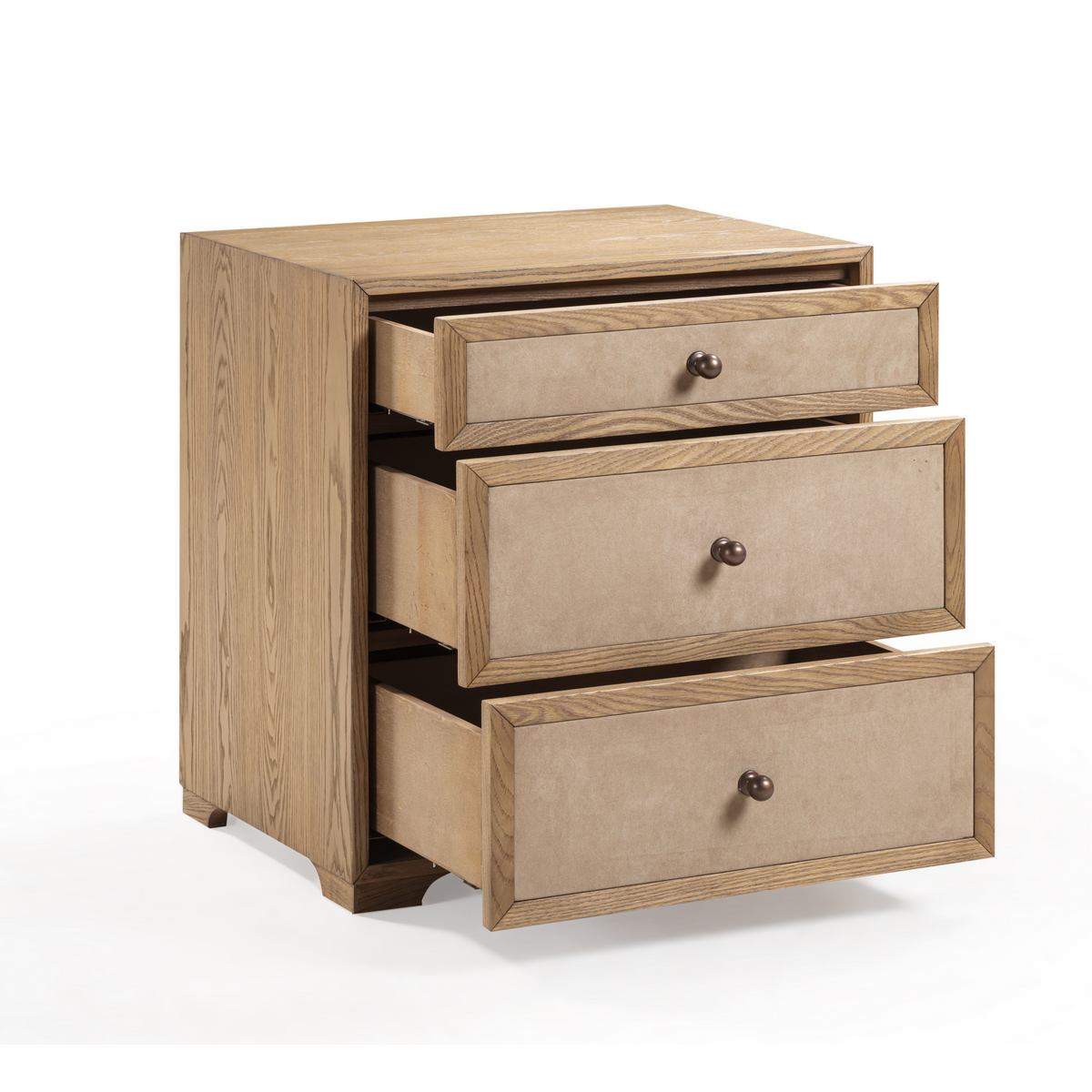 TOV Furniture Laurentis Light Taupe Suede and Wood 3-Drawer Nightstand