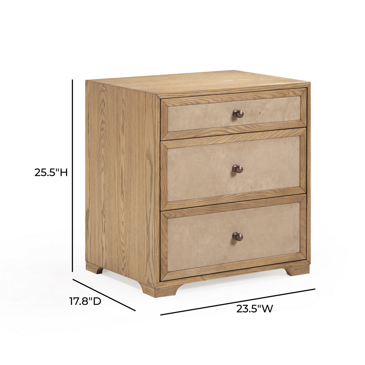 TOV Furniture Laurentis Light Taupe Suede and Wood 3-Drawer Nightstand