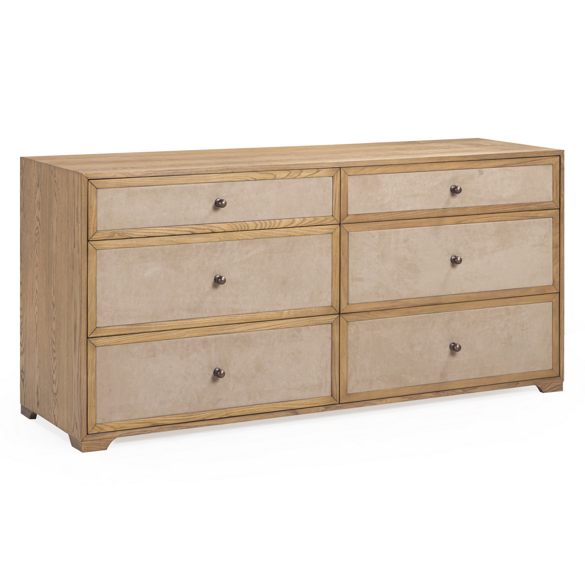 TOV Furniture Laurentis Light Taupe Suede and Wood 6-Drawer Dresser in light taupe suede and ash wood, primary product view