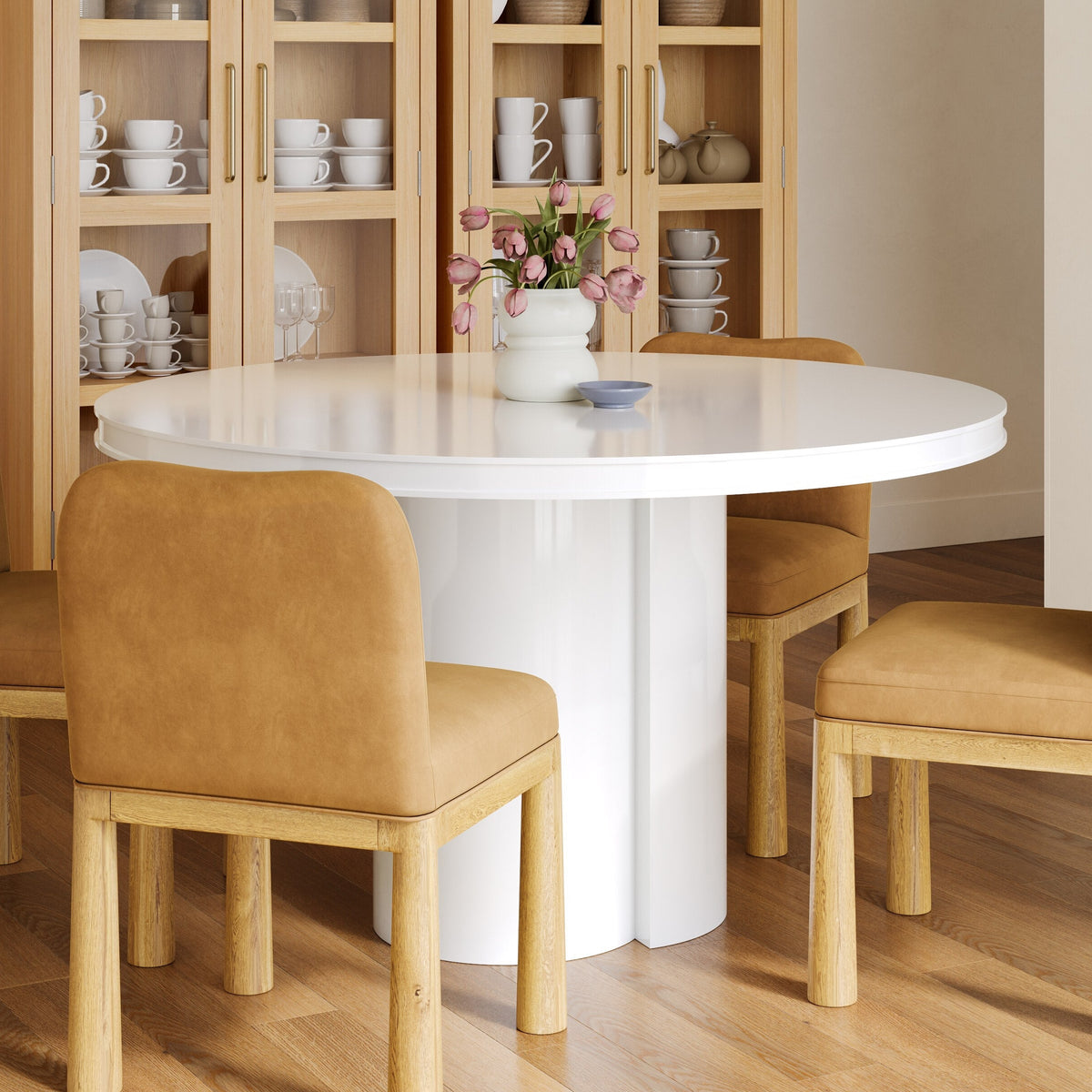 TOV Furniture Elora White Lacquer Round Dining Table in white lacquered MDF, primary product view
