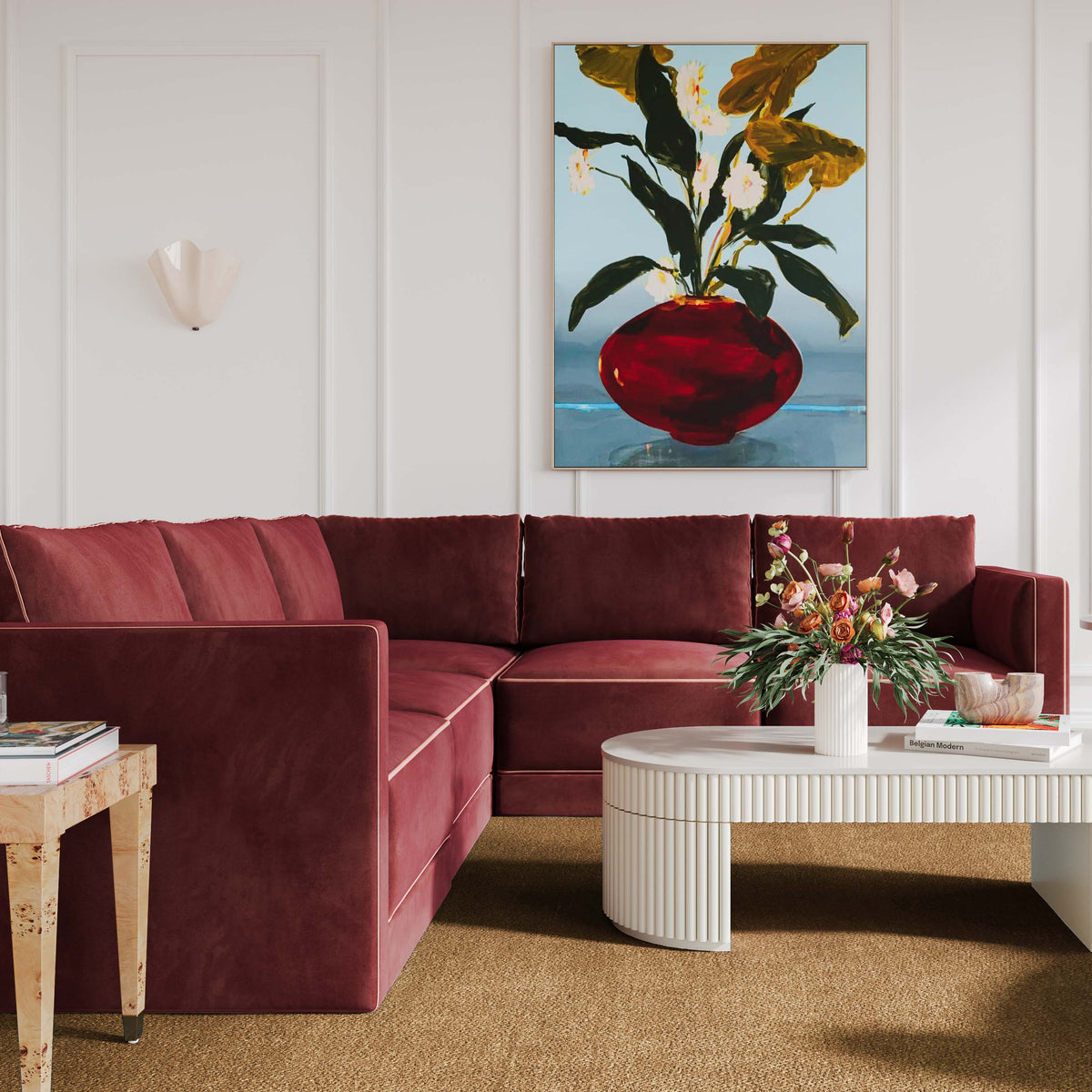 TOV Furniture Willow Red Performance Velvet Modular 5-Piece L Sectional Sofa