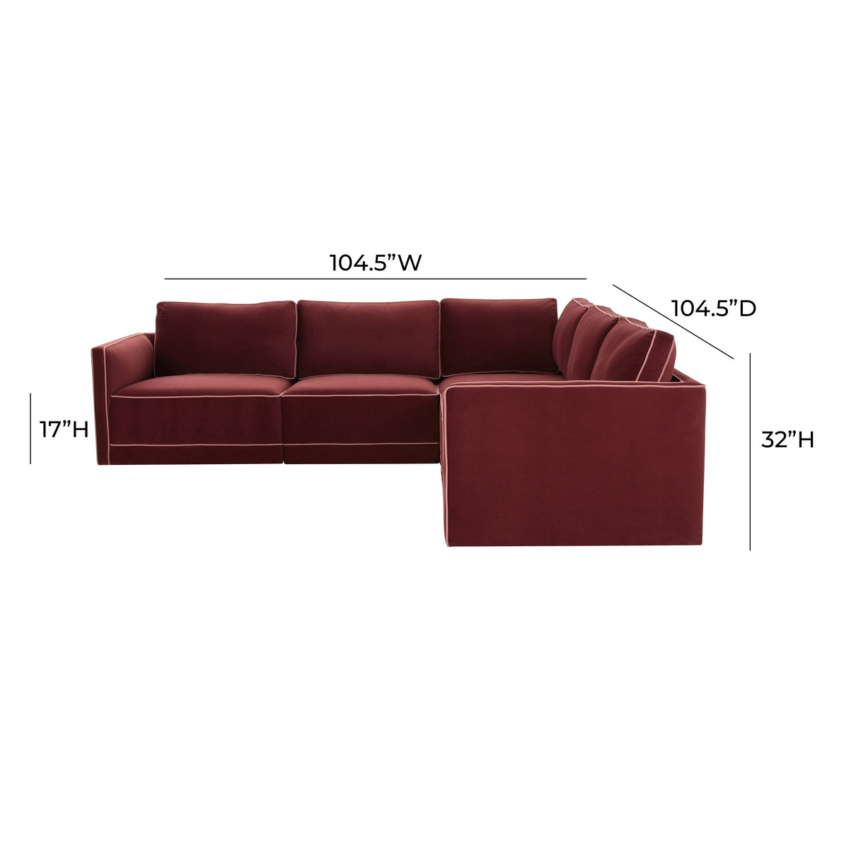 TOV Furniture Willow Red Performance Velvet Modular 5-Piece L Sectional Sofa