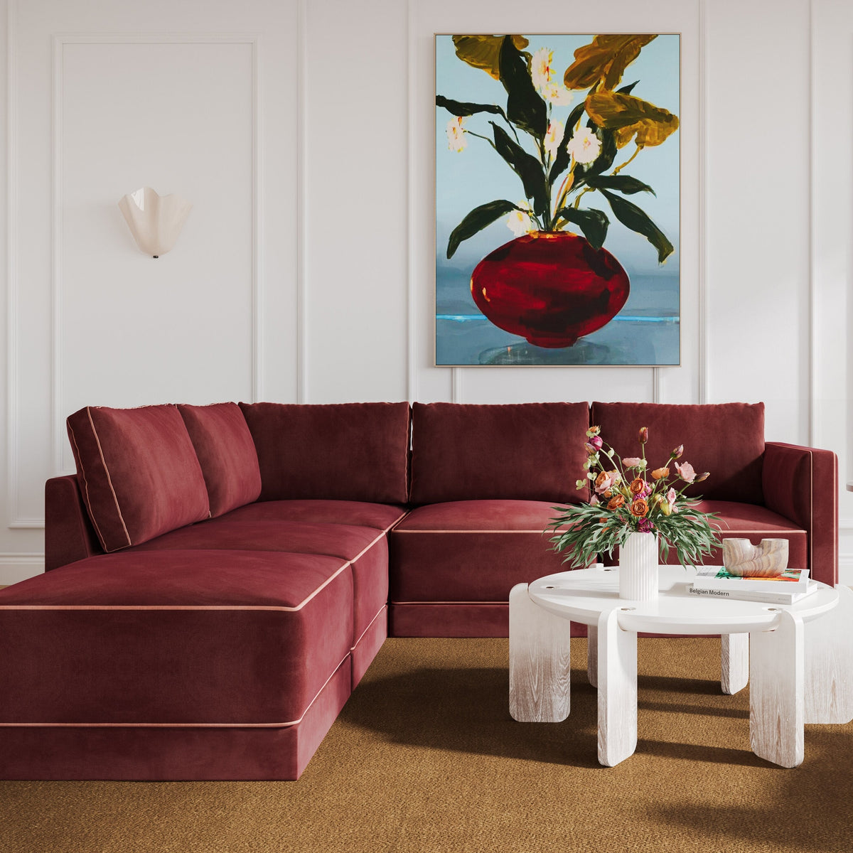 TOV Furniture Willow Red Performance Velvet Modular 5-Piece Left Facing Sectional Sofa