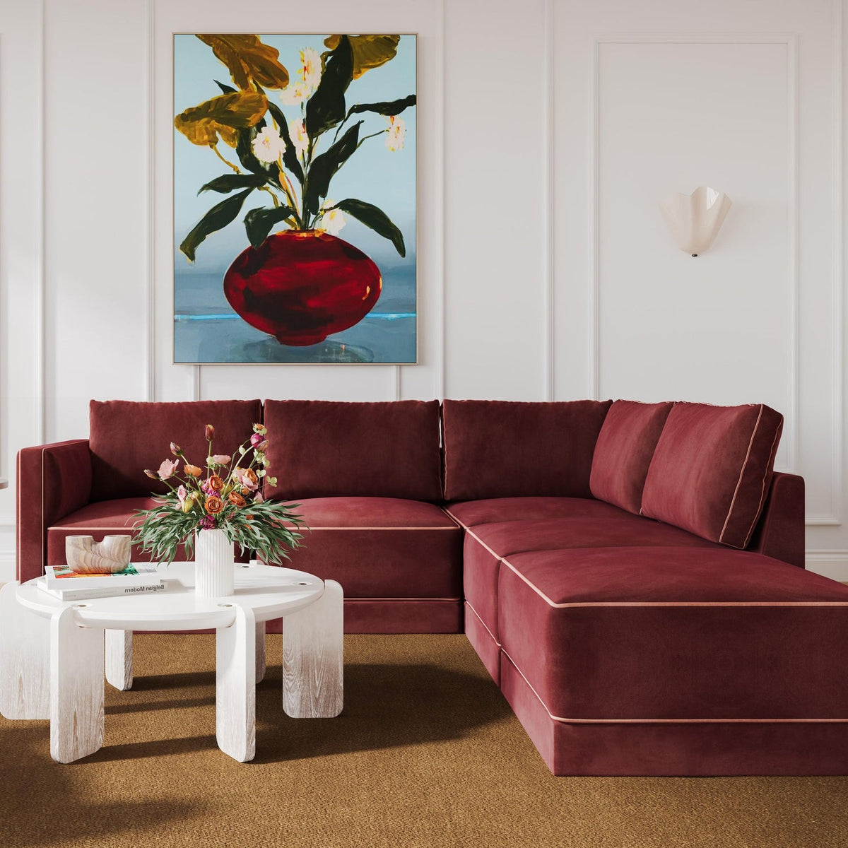 TOV Furniture Willow Red Performance Velvet Modular Right Facing 5-Piece Sectional Sofa