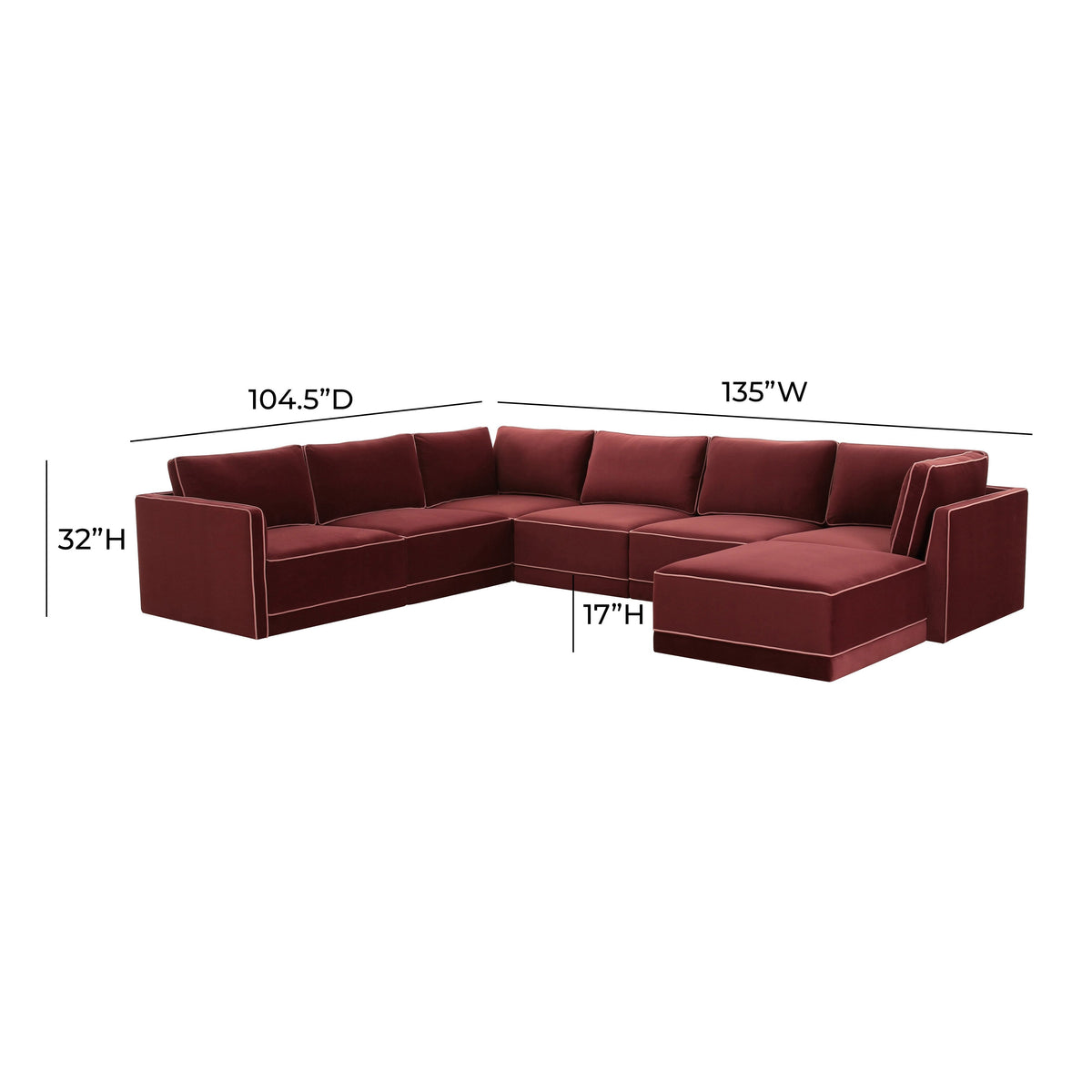 TOV Furniture Willow Red Performance Velvet Modular Right Facing 5-Piece Sectional Sofa