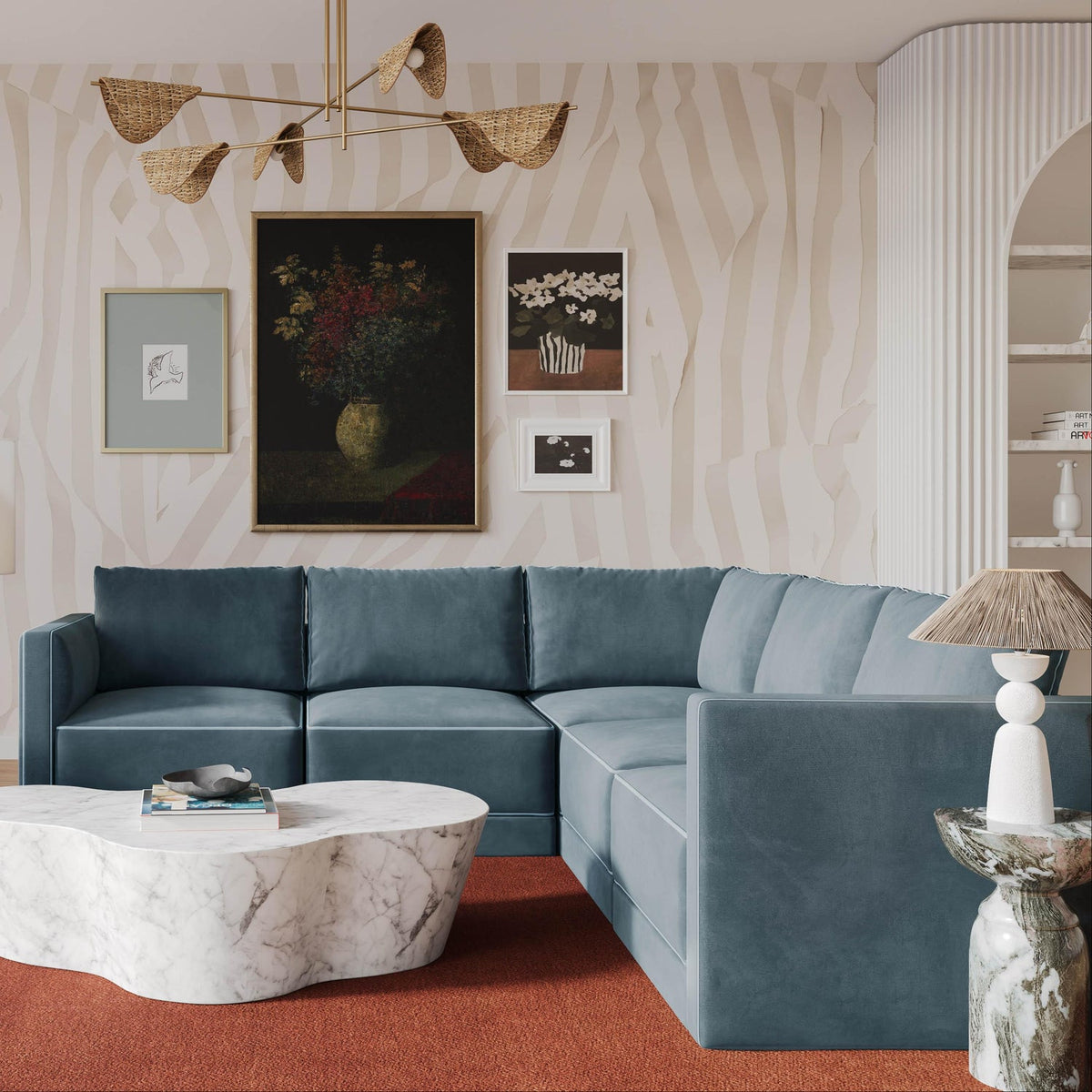 TOV Furniture Willow Blue Performance Velvet Modular 5-Piece L Sectional Sofa