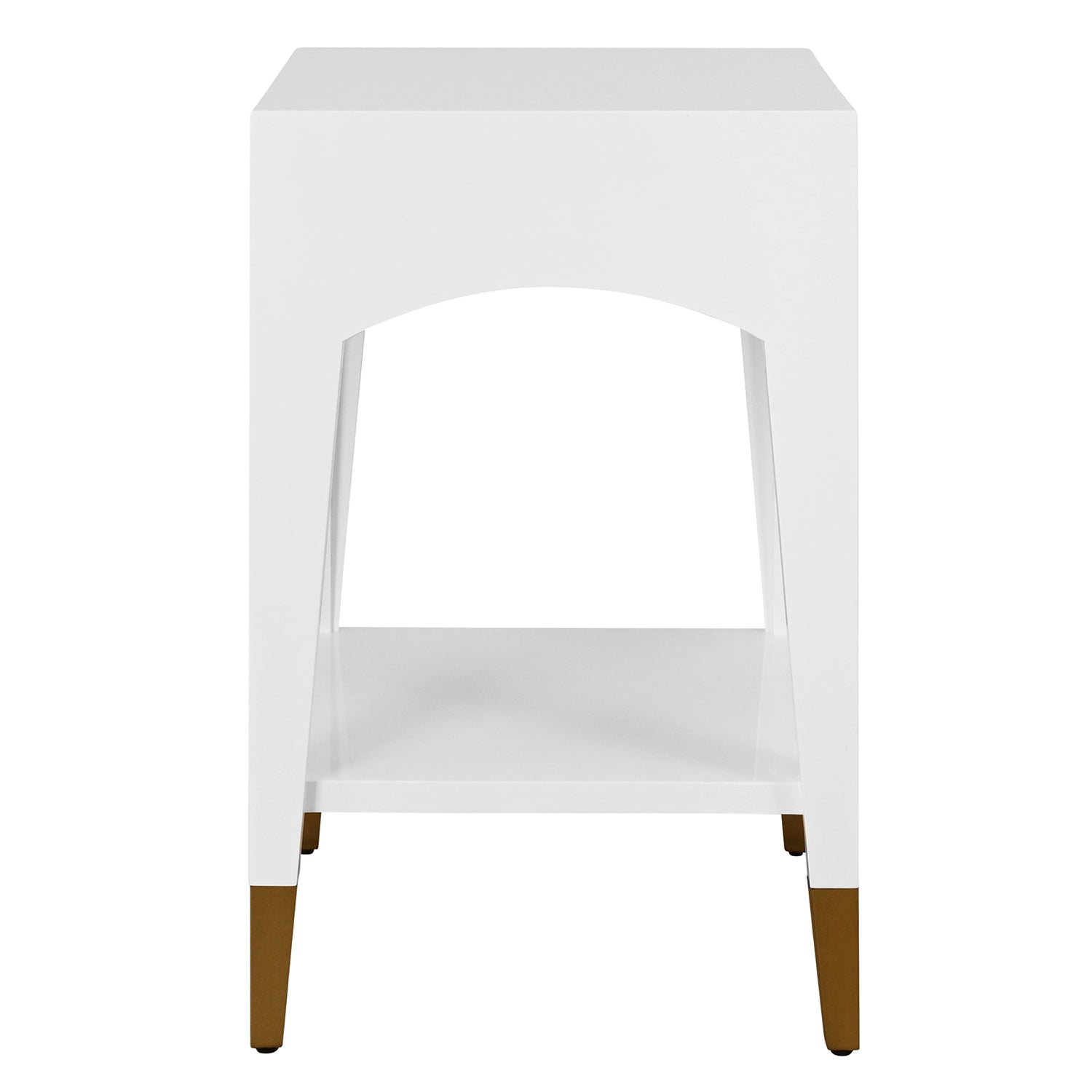 Worlds Away Ronny side table, close-up of glossy white lacquer drawer