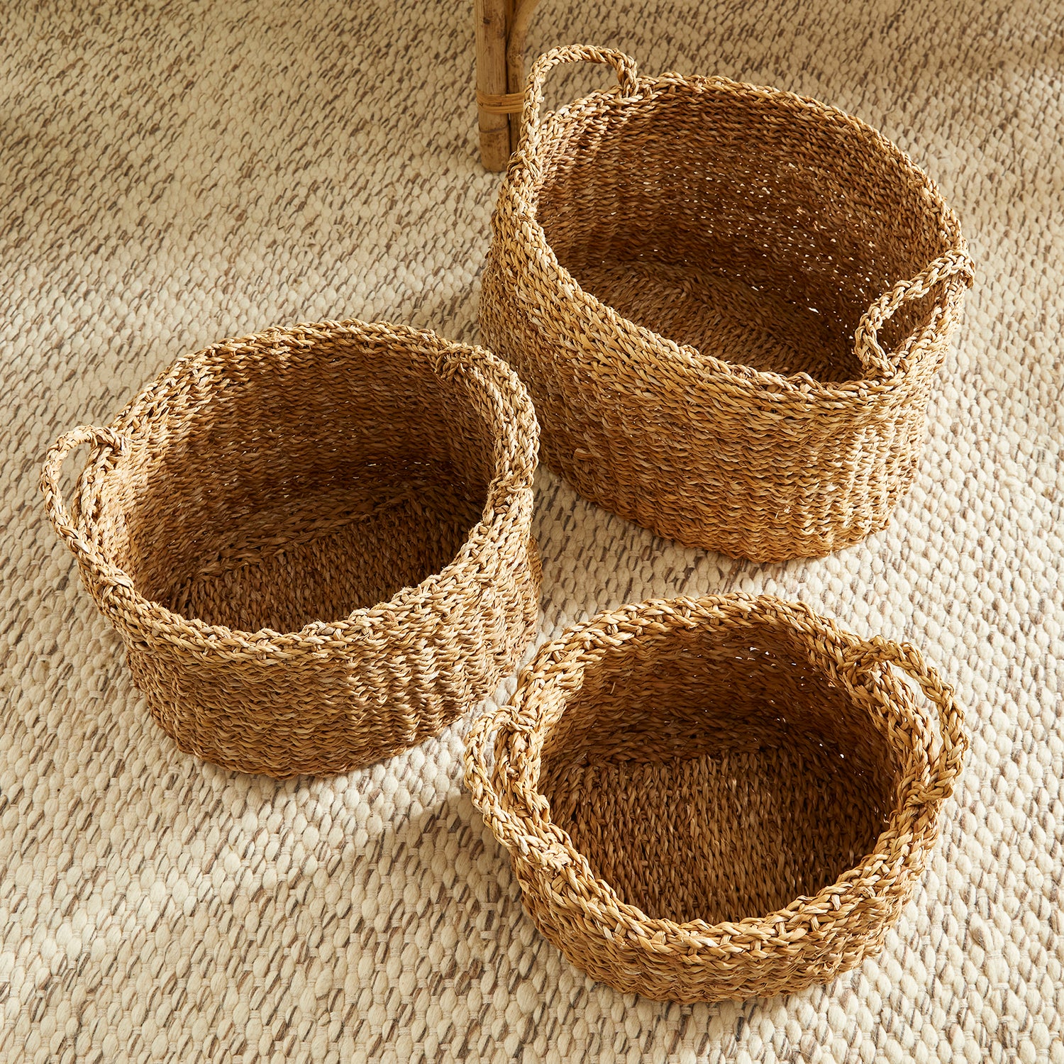 Seagrass Oval Handles & Cuffs Basket Set of 3