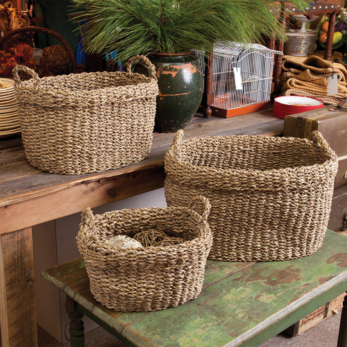 Seagrass Oval Handles & Cuffs Basket Set of 3