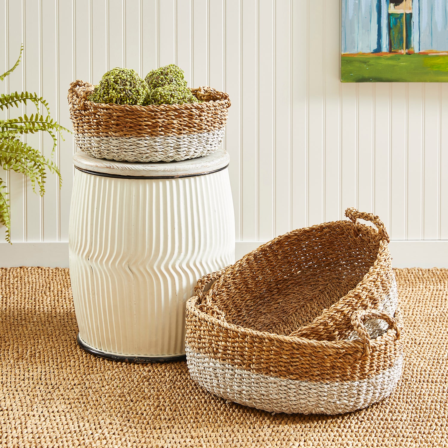 Seagrass Shallow Baskets With Handles Set of 3