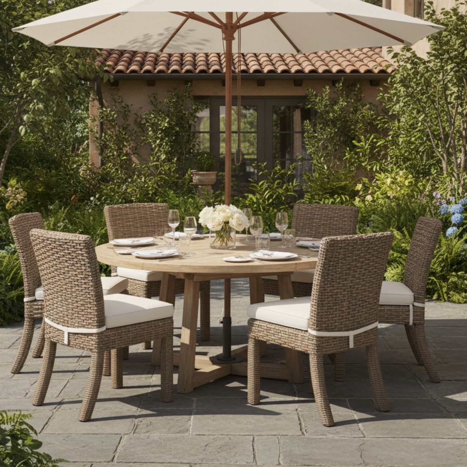 Sunset West Havana Canvas Natural w/Self Welt Outdoor Armless Dining Chair Set of 2