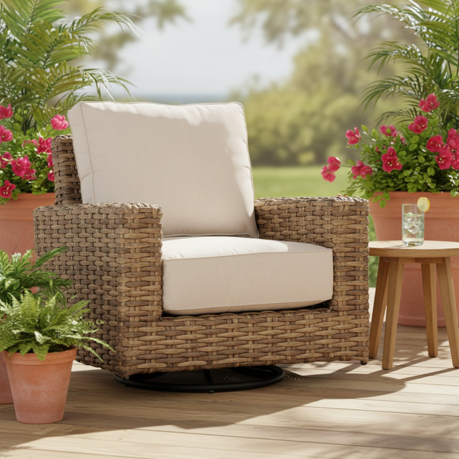 Sunset West Havana Canvas Flax w/Self Welt Outdoor Swivel Club Rocker
