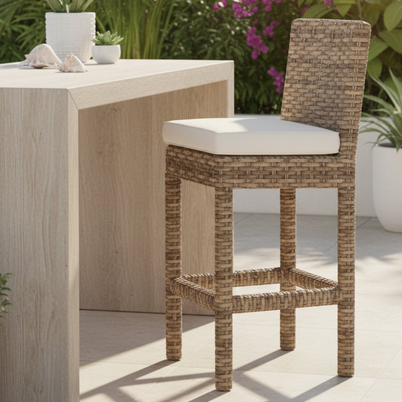 Sunset West Havana Canvas Natural w/Self Welt Outdoor Barstool Set of 2
