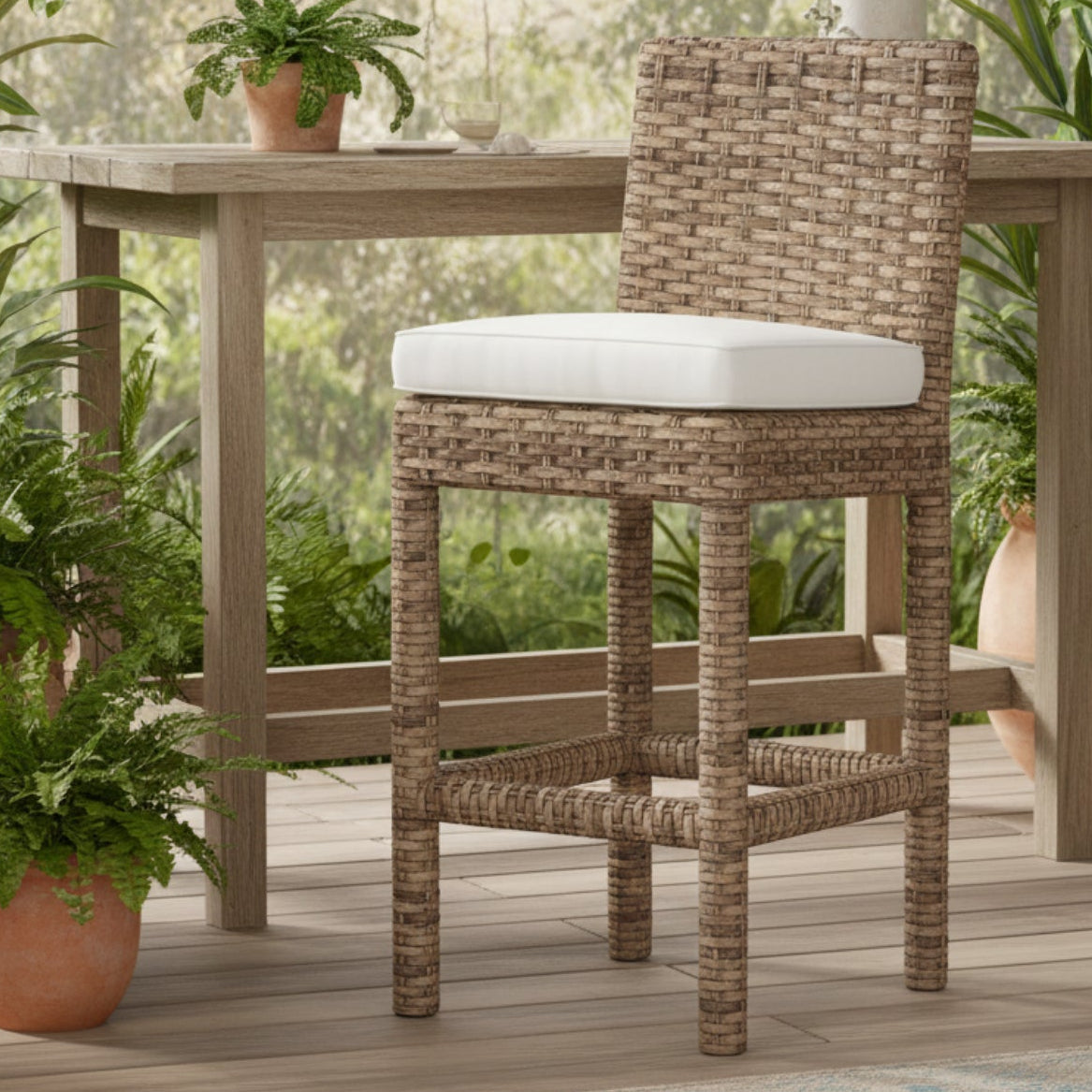 Sunset West Havana Canvas Flax w/Self Welt Outdoor Barstool Set of 2