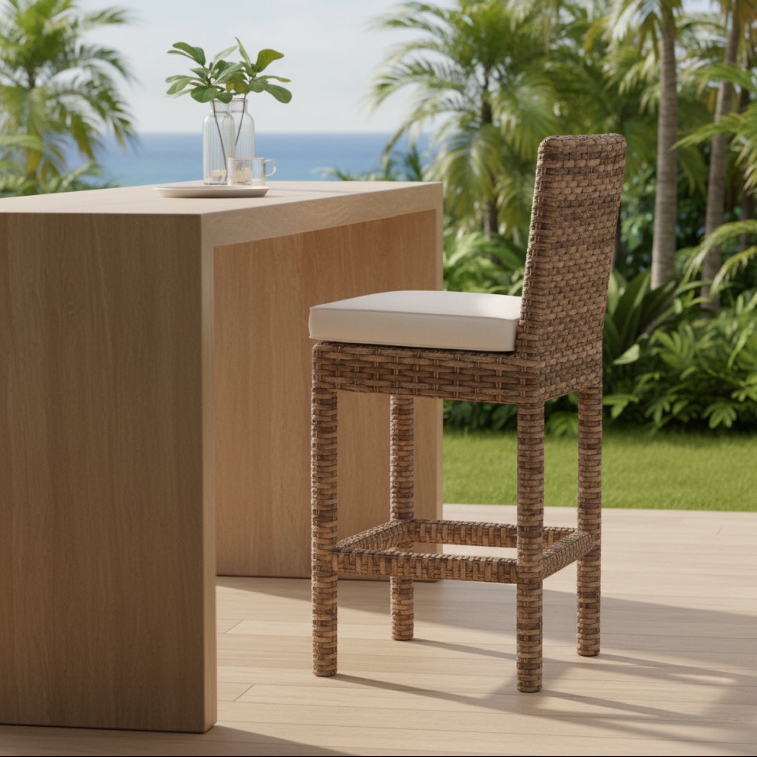 Sunset West Havana Canvas Natural w/Self Welt Outdoor Counter Stool Set of 2